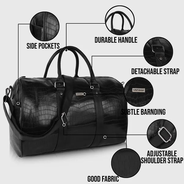 Black_Vegan_Leather_Croco_Pattern_55_Litre_Stylish_Unique_Design_Travel_Shoulder_Crossbody_Daytrip_Business_Trip_Unisex_Duffle_Bag