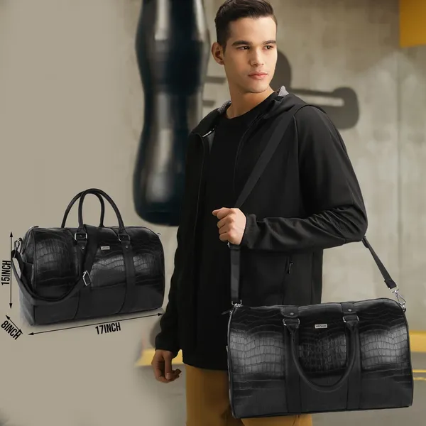 Black_Vegan_Leather_Croco_Pattern_55_Litre_Stylish_Unique_Design_Travel_Shoulder_Crossbody_Daytrip_Business_Trip_Unisex_Duffle_Bag