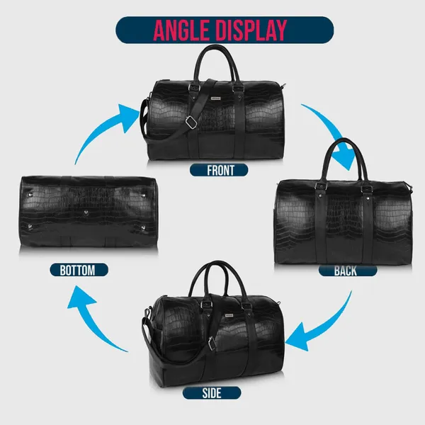 Black_Vegan_Leather_Croco_Pattern_55_Litre_Stylish_Unique_Design_Travel_Shoulder_Crossbody_Daytrip_Business_Trip_Unisex_Duffle_Bag