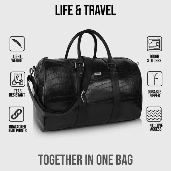 Black_Vegan_Leather_Croco_Pattern_55_Litre_Stylish_Unique_Design_Travel_Shoulder_Crossbody_Daytrip_Business_Trip_Unisex_Duffle_Bag