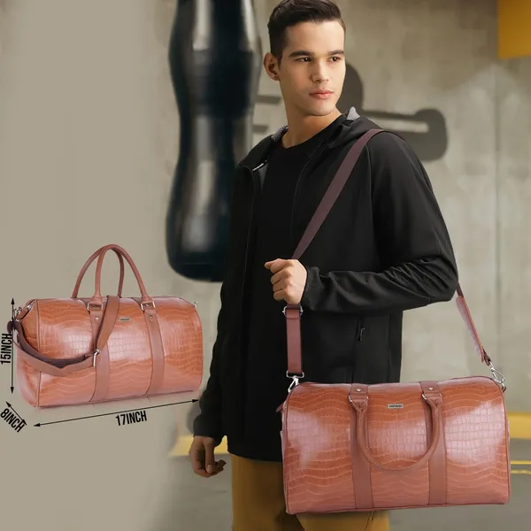 Tan_Vegan_Leather_Croco_Pattern_55_Litre_Stylish_Unique_Design_Travel_Shoulder_Crossbody_Daytrip_Business_Trip_Unisex_Duffle_Bag