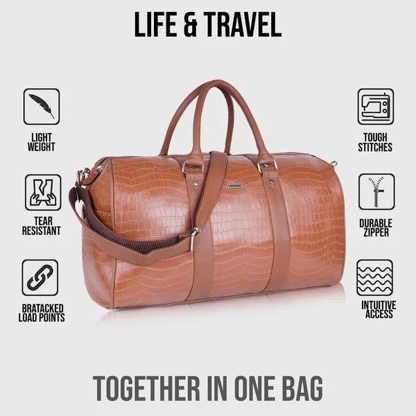 Tan_Vegan_Leather_Croco_Pattern_55_Litre_Stylish_Unique_Design_Travel_Shoulder_Crossbody_Daytrip_Business_Trip_Unisex_Duffle_Bag