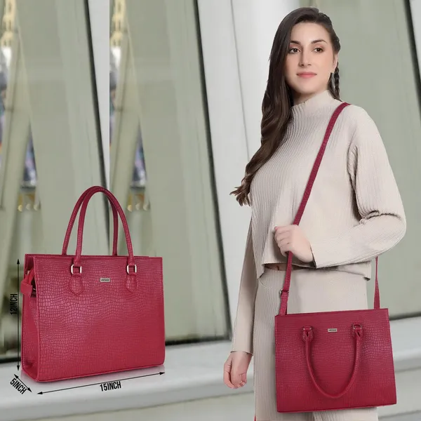 Maroon_Vegan_Leather_Casual_Classy_Design_Shoulder_Crossbody_Tote_Bag_With_Laptop_Sleeve_Cover_And_Pouch_For_Women