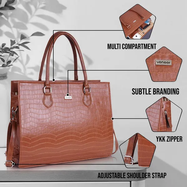 Tan_Vegan_Leather_Casual_Classy_Design_Shoulder_Crossbody_Tote_Bag_With_Laptop_Sleeve_Cover_And_Pouch_For_Women