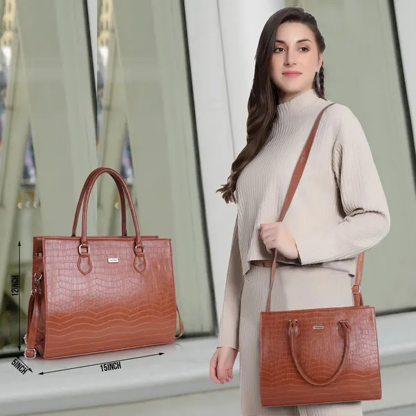 Tan_Vegan_Leather_Casual_Classy_Design_Shoulder_Crossbody_Tote_Bag_With_Laptop_Sleeve_Cover_And_Pouch_For_Women