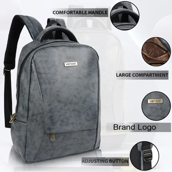 Grey_Pu_Leather_Casual_23L_Trendy_Travel_Office_Laptop_Shoulder_Daytrip_College_Business_Backpack_For_Unisex