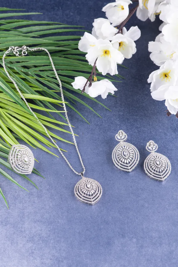 White_Brass_Silver_Plated_Handcrafted_Water_Resistance_CZ_Stone__Earring_Pendent_Ring_Set_For_Women