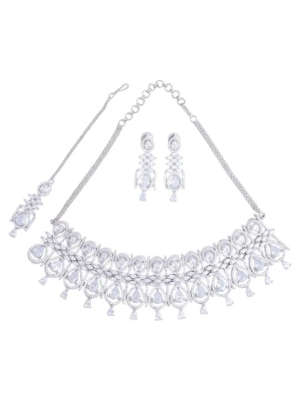 White_Brass_Silver_Plated_Handcrafted_Water_Resistance_CZ_Stone___Chocker_Set_For_Women