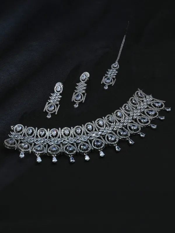 White_Brass_Silver_Plated_Handcrafted_Water_Resistance_CZ_Stone___Chocker_Set_For_Women