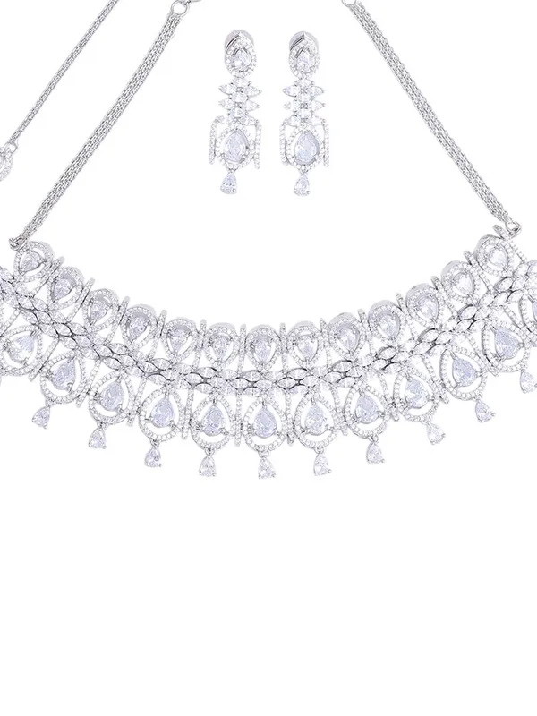 White_Brass_Silver_Plated_Handcrafted_Water_Resistance_CZ_Stone___Chocker_Set_For_Women