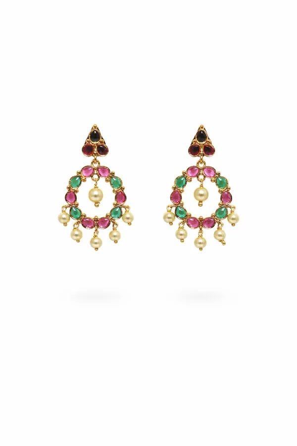 KAYRAH_Gold_Plated_Chandbali_Earrings,_Multicolor_Cubic_Zirconia_Stone_with_Pearl_Drop,_Traditional_Ethnic_Dangle_Jewellery_for_Women
