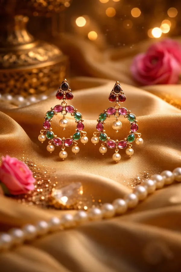 KAYRAH_Gold_Plated_Chandbali_Earrings,_Multicolor_Cubic_Zirconia_Stone_with_Pearl_Drop,_Traditional_Ethnic_Dangle_Jewellery_for_Women