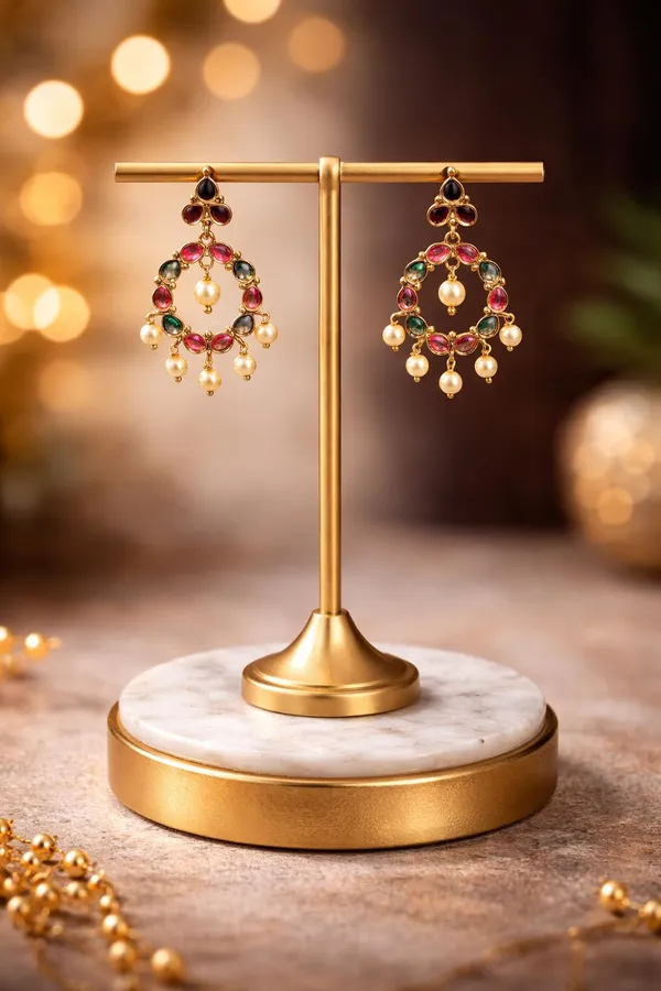 KAYRAH_Gold_Plated_Chandbali_Earrings,_Multicolor_Cubic_Zirconia_Stone_with_Pearl_Drop,_Traditional_Ethnic_Dangle_Jewellery_for_Women