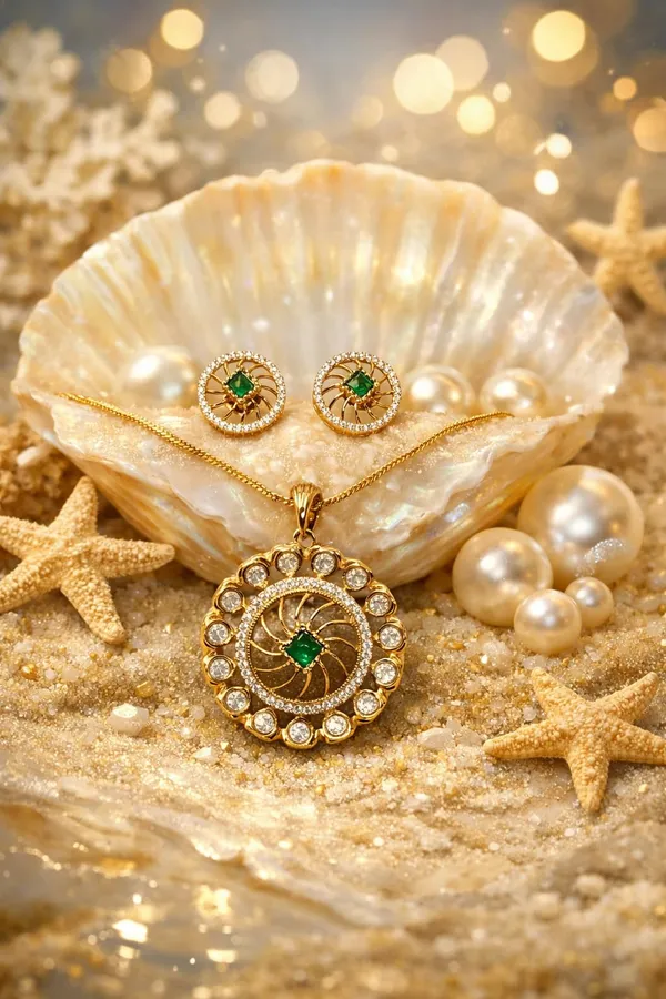 KAYRAH_Gold_Plated_Circular_Pendant_Necklace_Set_with_Matching_Stud_Earrings,_Green_Cubic_Zirconia,_Brass,_Fashion_Style