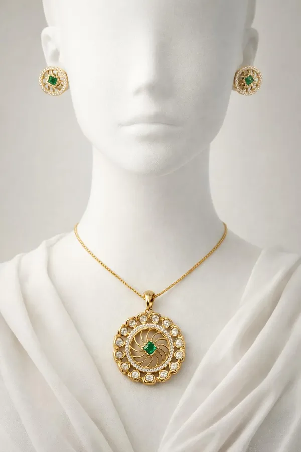 KAYRAH_Gold_Plated_Circular_Pendant_Necklace_Set_with_Matching_Stud_Earrings,_Green_Cubic_Zirconia,_Brass,_Fashion_Style