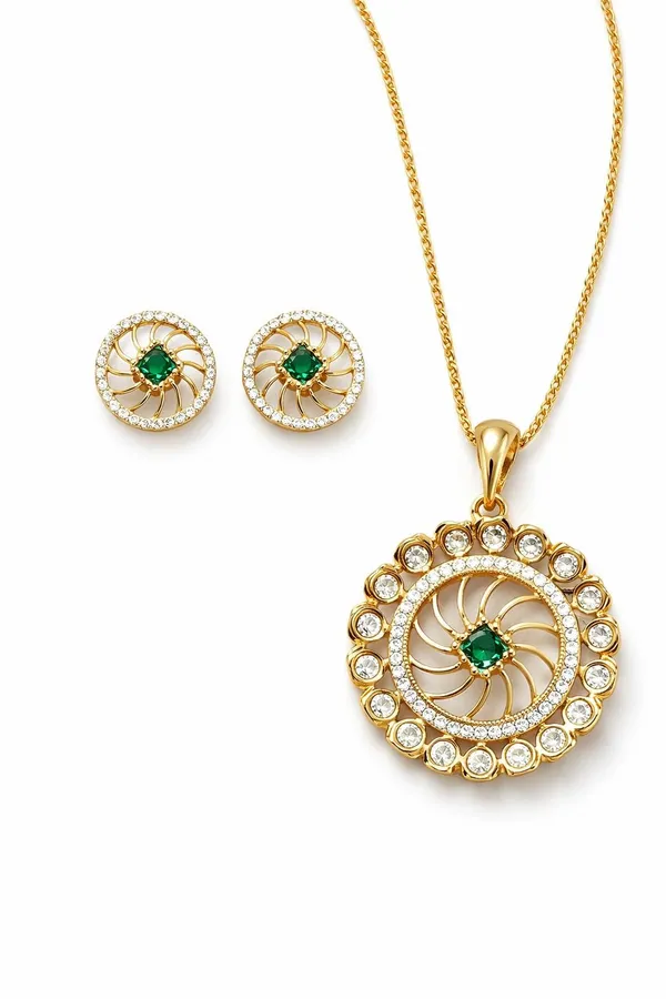 KAYRAH_Gold_Plated_Circular_Pendant_Necklace_Set_with_Matching_Stud_Earrings,_Green_Cubic_Zirconia,_Brass,_Fashion_Style