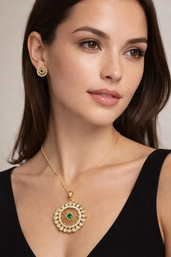 KAYRAH_Gold_Plated_Circular_Pendant_Necklace_Set_with_Matching_Stud_Earrings,_Green_Cubic_Zirconia,_Brass,_Fashion_Style