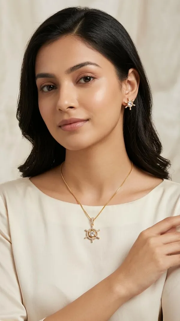 KAYRAH_Gold_Plated_American_Diamond_Pendant_Necklace_Set_for_Women,_with_Matching_Stud_Earrings,_Brass,_Fashion_Style,_Party_and_Daily_Wear