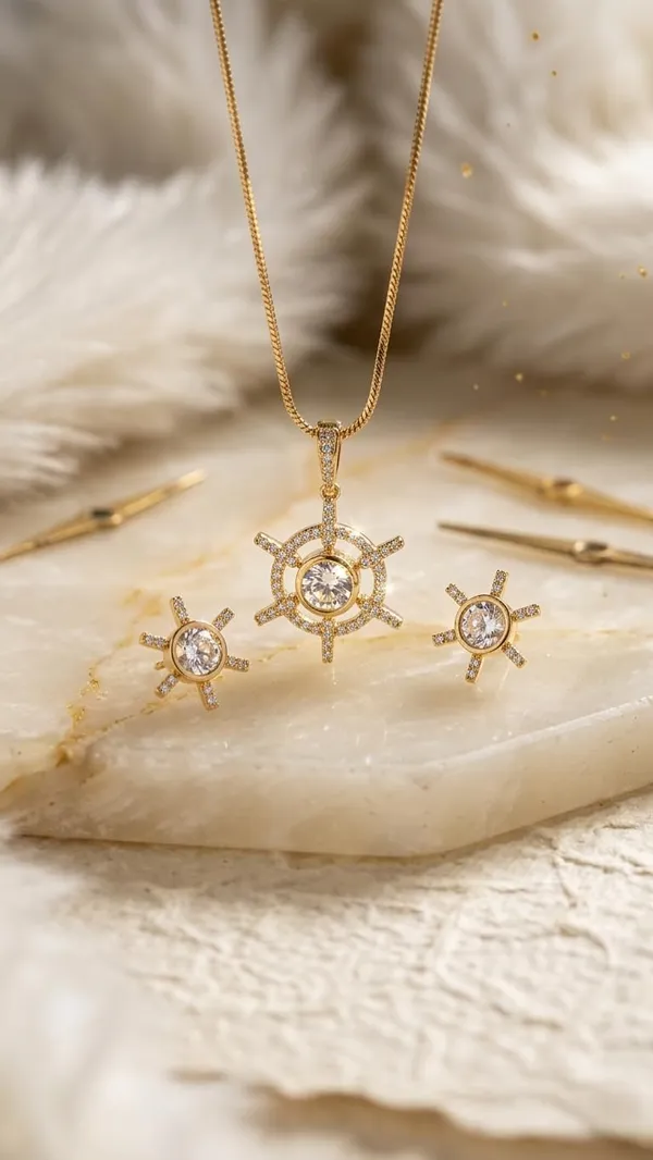 KAYRAH_Gold_Plated_American_Diamond_Pendant_Necklace_Set_for_Women,_with_Matching_Stud_Earrings,_Brass,_Fashion_Style,_Party_and_Daily_Wear
