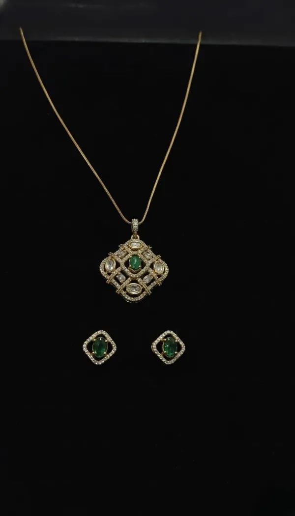 KAYRAH_Gold_Plated_Emerald_Green_Cubic_Zirconia_Pendant_Necklace_Set_for_Women,_with_Matching_Stud_Earrings,_Brass,_Fashion_Jewellery