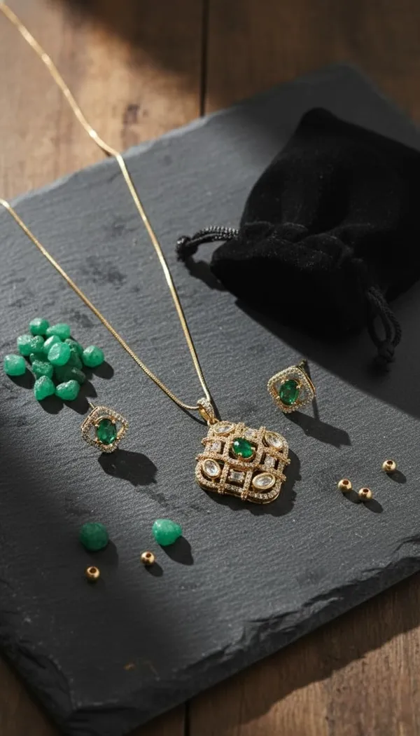KAYRAH_Gold_Plated_Emerald_Green_Cubic_Zirconia_Pendant_Necklace_Set_for_Women,_with_Matching_Stud_Earrings,_Brass,_Fashion_Jewellery