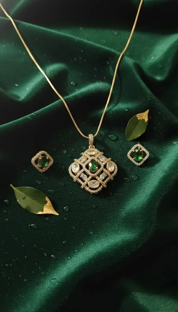 KAYRAH_Gold_Plated_Emerald_Green_Cubic_Zirconia_Pendant_Necklace_Set_for_Women,_with_Matching_Stud_Earrings,_Brass,_Fashion_Jewellery