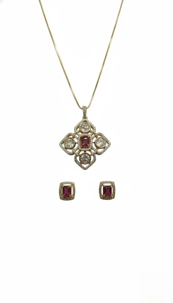 KAYRAH_Gold_Plated_Pink_Stone_Pendant_Necklace_Set_for_Women,_American_Diamond_Fashion_Jewellery,_with_Matching_Stud_Earrings