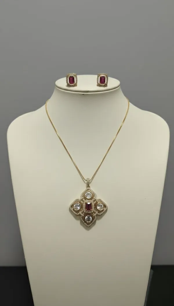 KAYRAH_Gold_Plated_Pink_Stone_Pendant_Necklace_Set_for_Women,_American_Diamond_Fashion_Jewellery,_with_Matching_Stud_Earrings