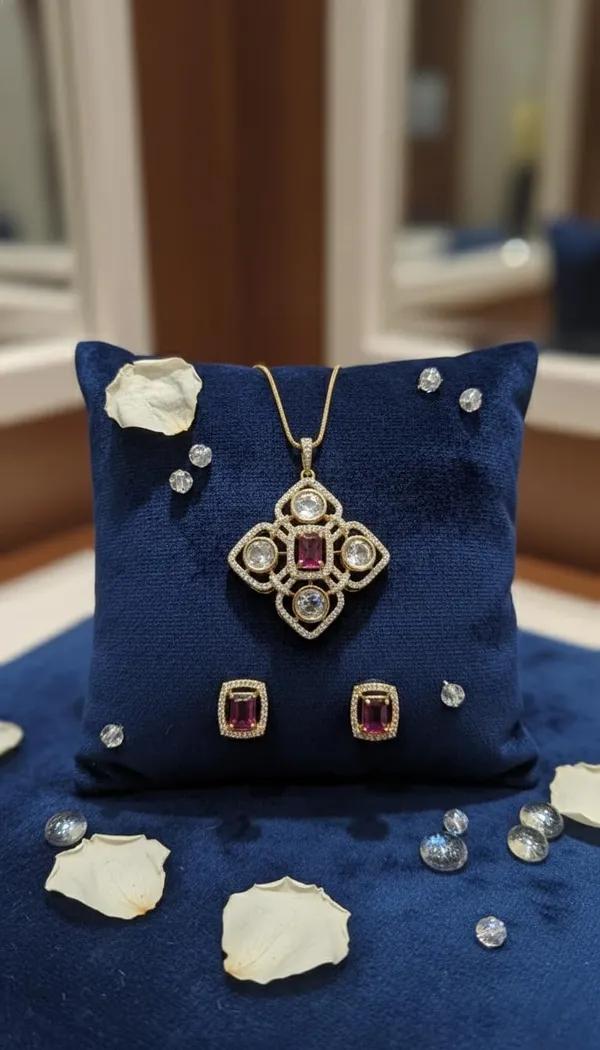 KAYRAH_Gold_Plated_Pink_Stone_Pendant_Necklace_Set_for_Women,_American_Diamond_Fashion_Jewellery,_with_Matching_Stud_Earrings