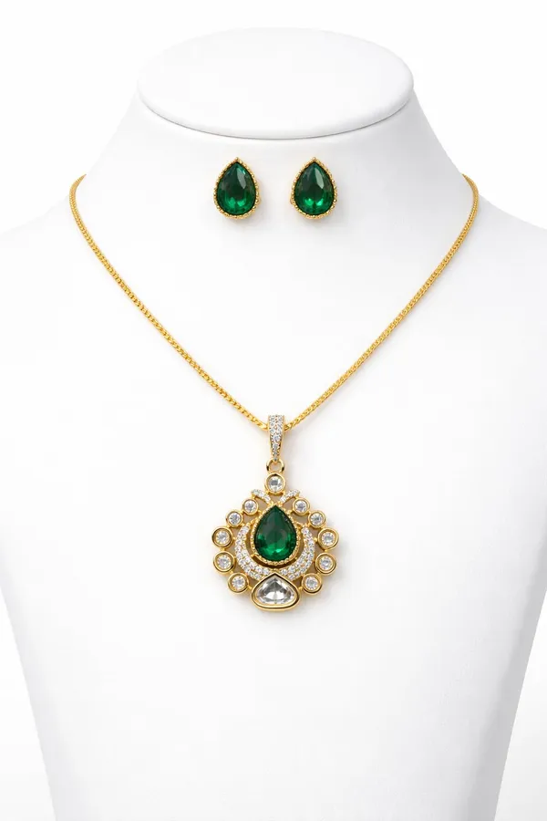 KAYRAH_Gold_Plated_Green_Stone_Pendant_Necklace_Set_with_Stud_Earrings,_American_Diamond,_Fashion_Jewellery_for_Women