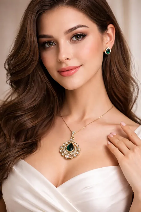 KAYRAH_Gold_Plated_Green_Stone_Pendant_Necklace_Set_with_Stud_Earrings,_American_Diamond,_Fashion_Jewellery_for_Women