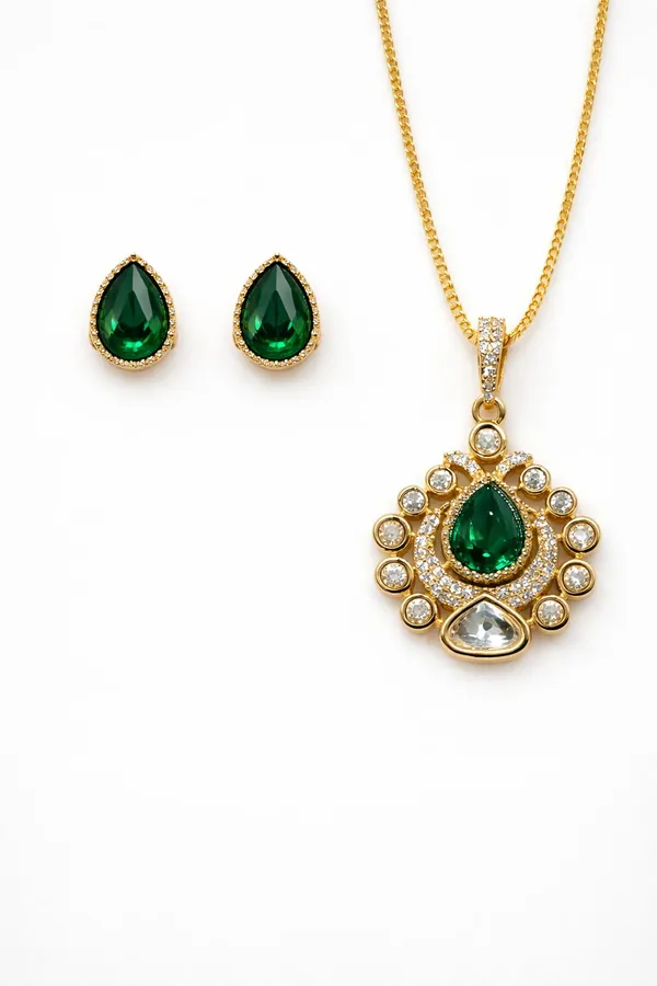 KAYRAH_Gold_Plated_Green_Stone_Pendant_Necklace_Set_with_Stud_Earrings,_American_Diamond,_Fashion_Jewellery_for_Women