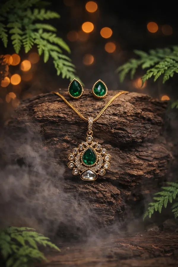 KAYRAH_Gold_Plated_Green_Stone_Pendant_Necklace_Set_with_Stud_Earrings,_American_Diamond,_Fashion_Jewellery_for_Women