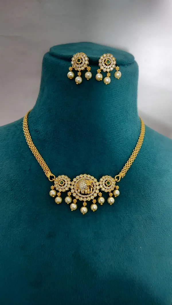 KAYRAH_Gold_Plated_Elephant_Design_Necklace_Set_with_Pearl_Drop_Earrings,_American_Diamond,_Brass,_Ethnic_Style,_for_Wedding_&_Festive