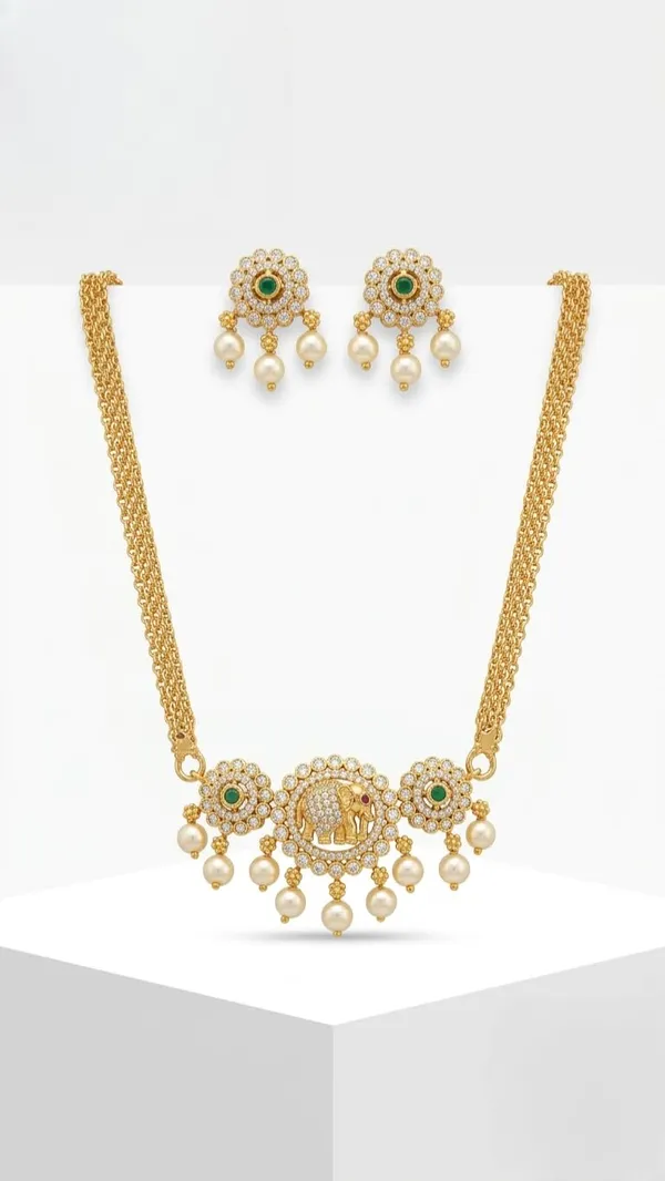 KAYRAH_Gold_Plated_Elephant_Design_Necklace_Set_with_Pearl_Drop_Earrings,_American_Diamond,_Brass,_Ethnic_Style,_for_Wedding_&_Festive