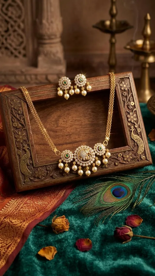 KAYRAH_Gold_Plated_Elephant_Design_Necklace_Set_with_Pearl_Drop_Earrings,_American_Diamond,_Brass,_Ethnic_Style,_for_Wedding_&_Festive