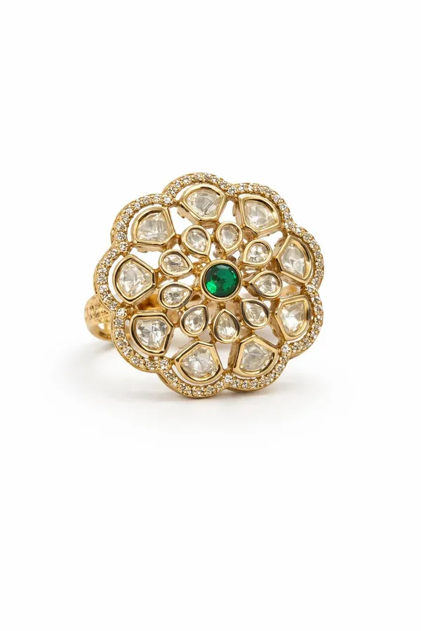KAYRAH_Gold_Plated_Floral_Statement_Ring_with_Green_Stone,_American_Diamond,_Cocktail_Style,_Free_Size,_Party_&_Wedding_Fashion_Jewellery
