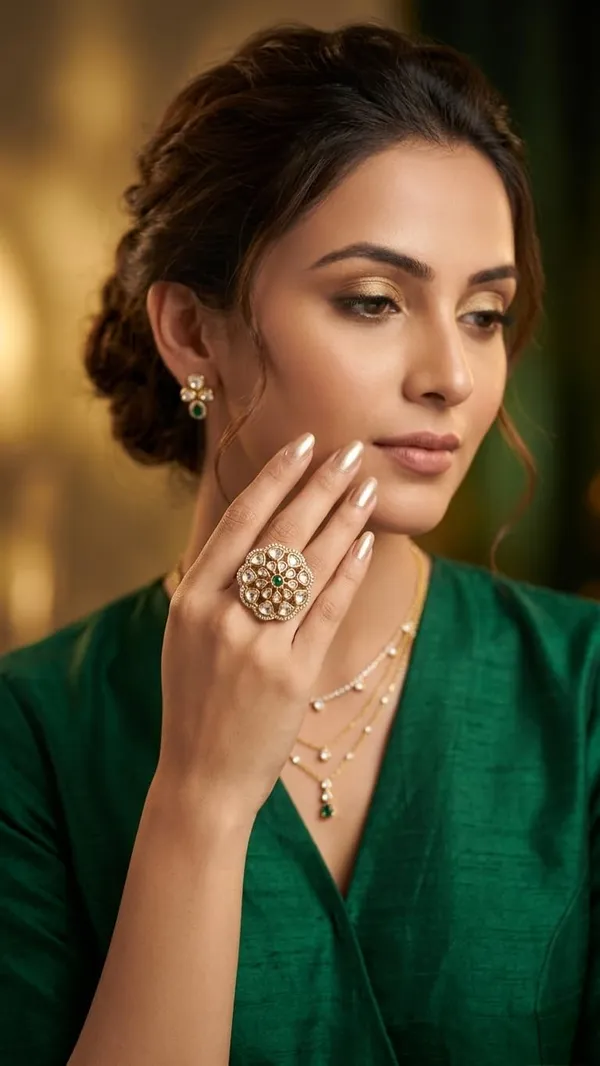 KAYRAH_Gold_Plated_Floral_Statement_Ring_with_Green_Stone,_American_Diamond,_Cocktail_Style,_Free_Size,_Party_&_Wedding_Fashion_Jewellery