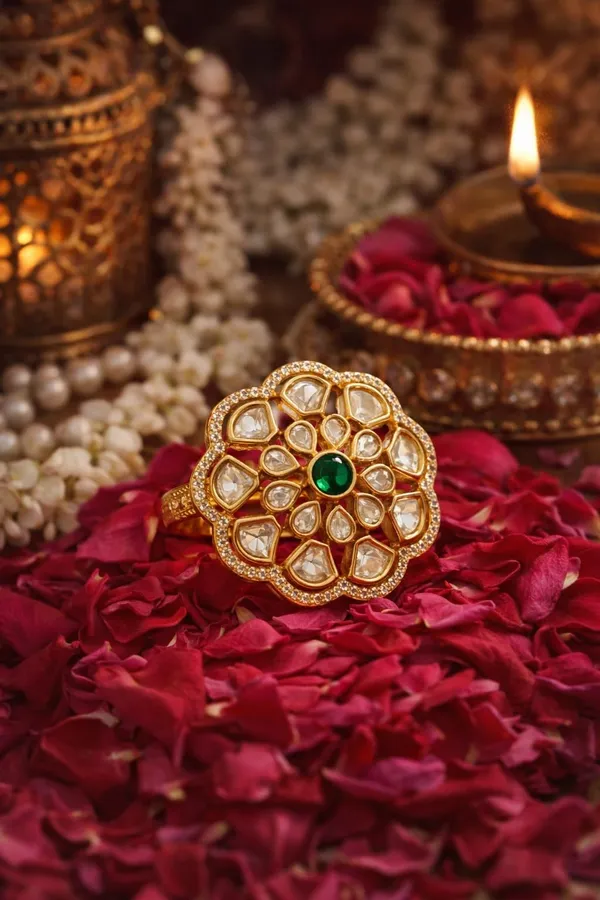 KAYRAH_Gold_Plated_Floral_Statement_Ring_with_Green_Stone,_American_Diamond,_Cocktail_Style,_Free_Size,_Party_&_Wedding_Fashion_Jewellery