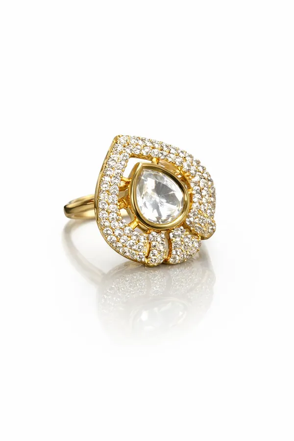 KAYRAH_Gold_Plated_Statement_Ring_for_Women,_Teardrop_Crystal_with_Cubic_Zirconia_Pav�,_Party_&_Wedding_Fashion_Jewellery