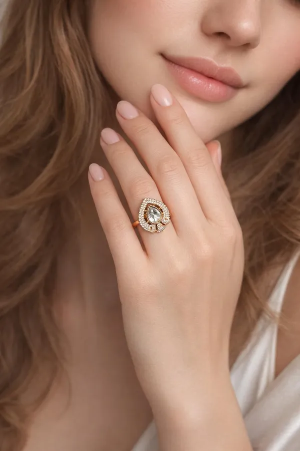 KAYRAH_Gold_Plated_Statement_Ring_for_Women,_Teardrop_Crystal_with_Cubic_Zirconia_Pav�,_Party_&_Wedding_Fashion_Jewellery