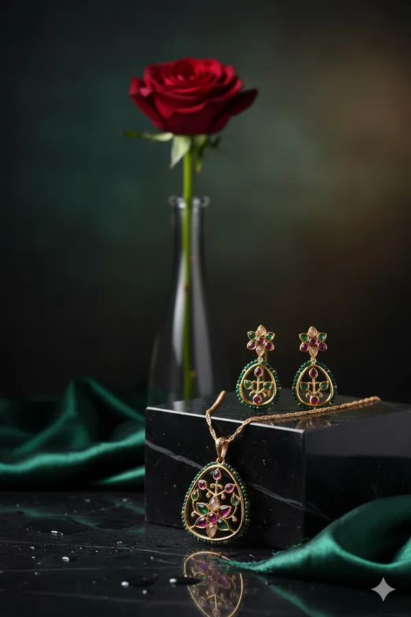 KAYRAH_Women_Multi_Brass_Material_Crafted_Onyx_Stone_Studed_Necklace_with_Earrings_|_Modern,_Esthetic_Jewellery_for_Women_and_Girls|_Gifting_Accessories