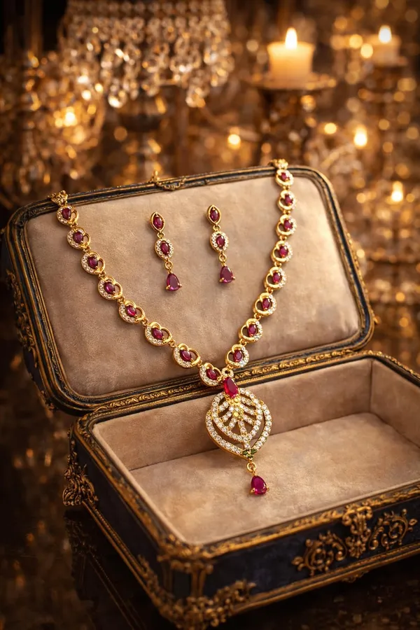 KAYRAH_Gold_Plated_Jewellery_Set_with_Pink_Cubic_Zirconia_Stones,_American_Diamond_Heart_Pendant_Necklace_and_Drop_Earrings_for_Wedding_&_Party