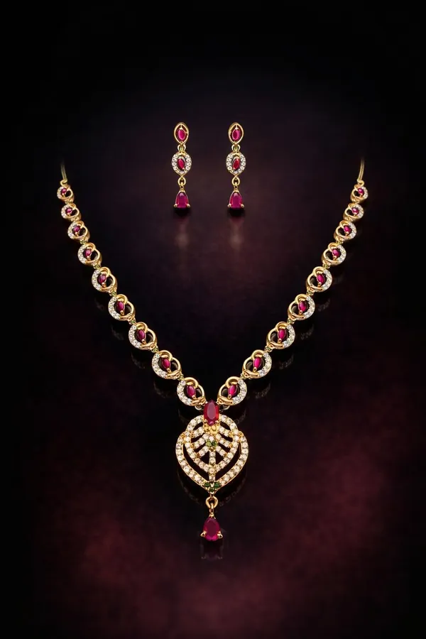 KAYRAH_Gold_Plated_Jewellery_Set_with_Pink_Cubic_Zirconia_Stones,_American_Diamond_Heart_Pendant_Necklace_and_Drop_Earrings_for_Wedding_&_Party