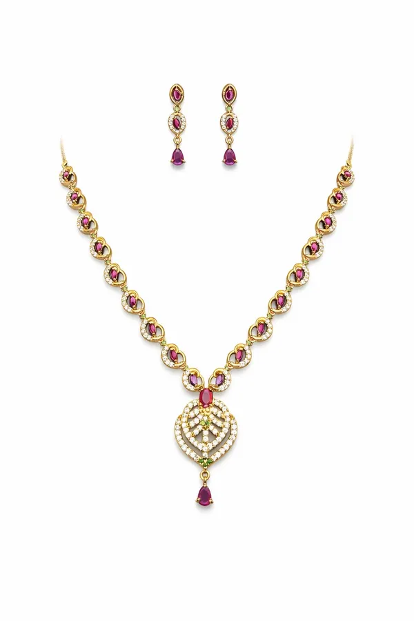 KAYRAH_Gold_Plated_Jewellery_Set_with_Pink_Cubic_Zirconia_Stones,_American_Diamond_Heart_Pendant_Necklace_and_Drop_Earrings_for_Wedding_&_Party
