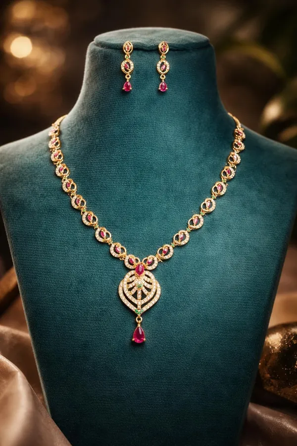 KAYRAH_Gold_Plated_Jewellery_Set_with_Pink_Cubic_Zirconia_Stones,_American_Diamond_Heart_Pendant_Necklace_and_Drop_Earrings_for_Wedding_&_Party