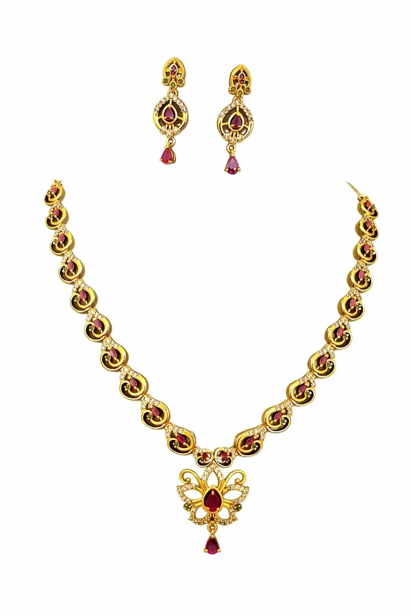 KAYRAH_Gold_Plated_Brass_Jewellery_Set_with_Red_Cubic_Zirconia_Stones,_Drop_Earrings,_Fashion_Style,_for_Wedding_&_Festive