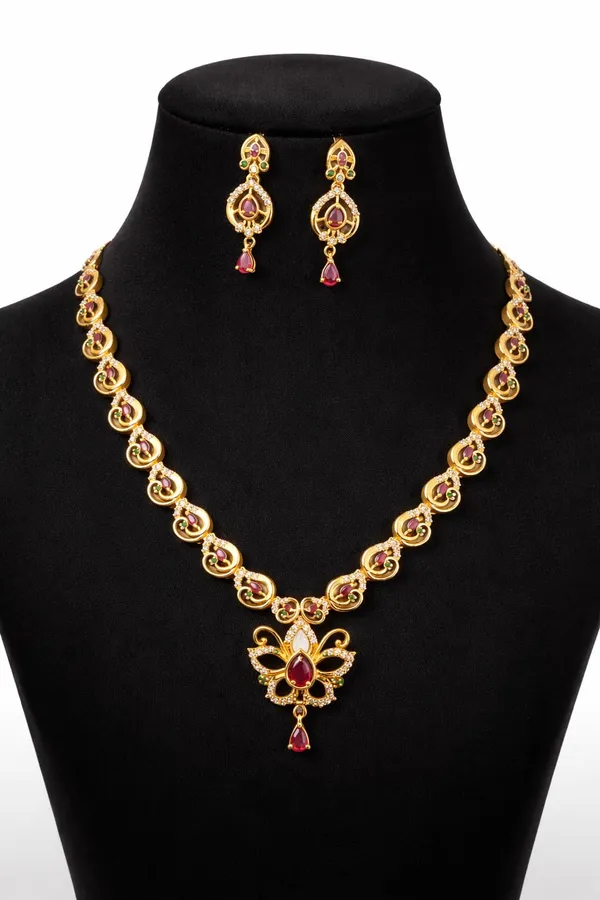 KAYRAH_Gold_Plated_Brass_Jewellery_Set_with_Red_Cubic_Zirconia_Stones,_Drop_Earrings,_Fashion_Style,_for_Wedding_&_Festive