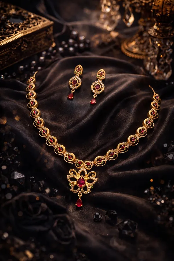 KAYRAH_Gold_Plated_Brass_Jewellery_Set_with_Red_Cubic_Zirconia_Stones,_Drop_Earrings,_Fashion_Style,_for_Wedding_&_Festive