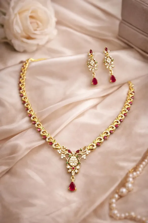 KAYRAH_Gold_Plated_Necklace_Set_with_Red_and_Green_Cubic_Zirconia_Stones,_Drop_Earrings,_Wedding_and_Festive